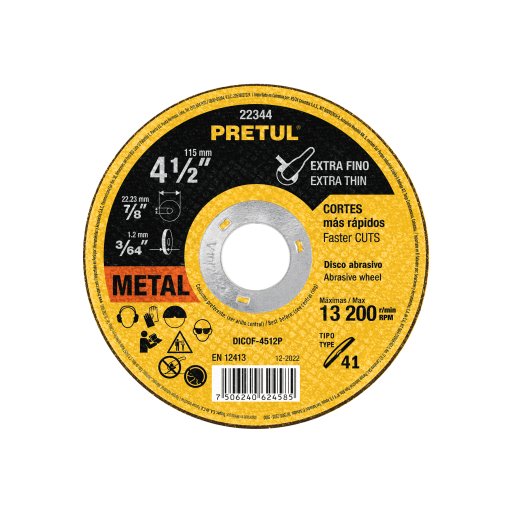 Disco Tipo 41 de 4-1/2' x 1.2 mm para Corte Fino de Metal, Alta Durabilidad para Trabajo Fino, Pretul Clave 22344