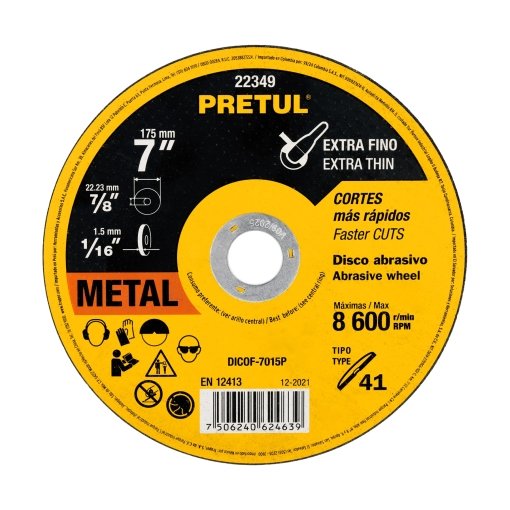 Disco Tipo 41 de 7' x 1.5 mm para Corte Fino de Metal, Resistencia para Cortes de Precisión, Pretul Clave 22349