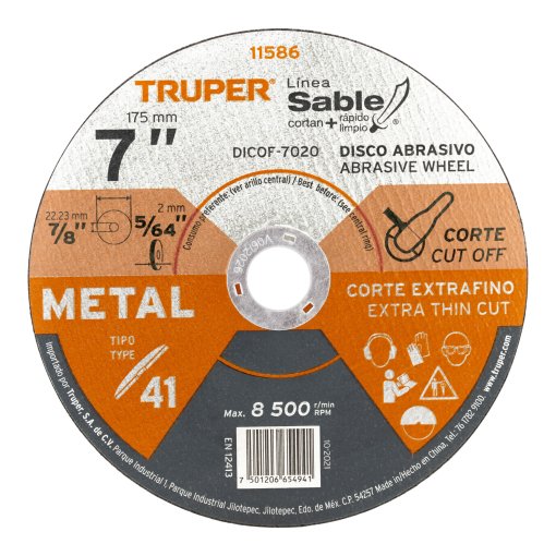 Disco Sable Truper Especializado Tipo 41 de 7" x 2 mm - Tecnología de Corte Fino para Usos Industriales en Metal que Extiende la Vida Útil del Accesorio (Clave 11586)