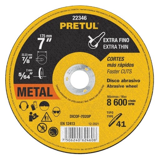 Disco Tipo 41 de 7' x 2 mm para Corte Fino de Metal, Perfecto para Proyectos de Alta Precisión, Pretul Clave 22346