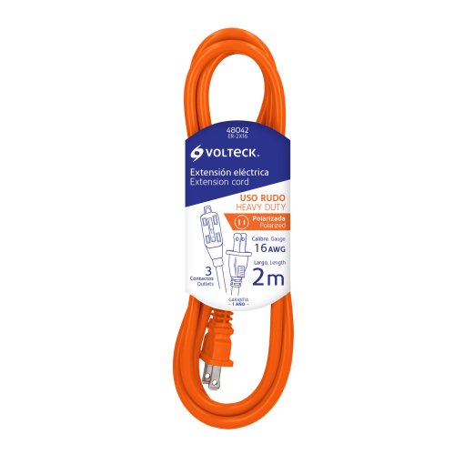 Extensión eléctrica Volteck de uso rudo 2 m 2x16 AWG - Tecnología de conexión robusta para usos intensivos que combina practicidad con resistencia superior a condiciones adversas (Clave 48042)