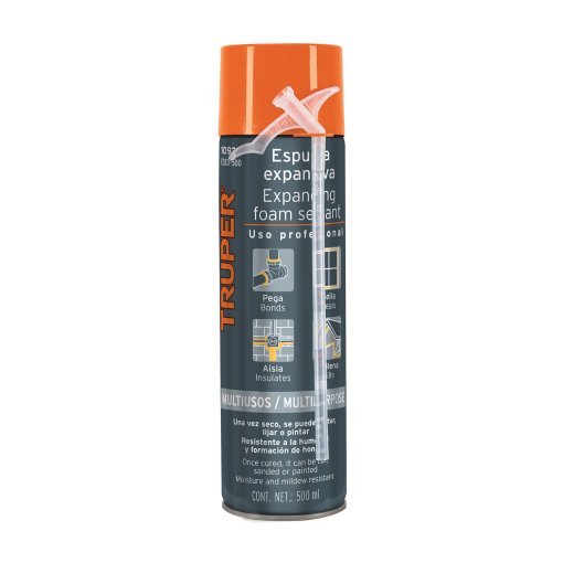 Espuma Expansiva Truper 500 ml - Tecnología de Expansión Controlada para Instalaciones Residenciales que Sella y Aísla Térmicamente Rendijas y Espacios Mediante Adherencia Permanente (Clave 10920)