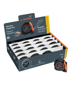 Flexómetro Gripper Truper Expositor 3m - Tecnología de agarre seguro para distribuidores que incluye display de 24 unidades de alta rotación (Clave 102663)