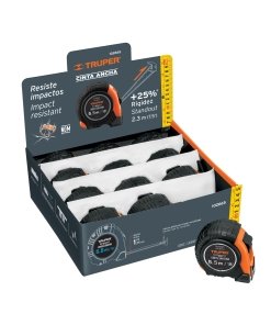 Flexómetro Gripper Truper Expositor 5.5m - Tecnología de agarre reforzado para tiendas especializadas que incluye display de 12 unidades para venta inmediata (Clave 102665)