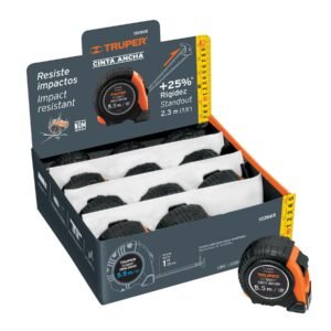 Flexómetro Gripper Truper Expositor 5.5m - Tecnología de agarre reforzado para tiendas especializadas que incluye display de 12 unidades para venta inmediata (Clave 102665)
