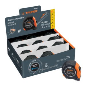 Flexómetro Gripper Truper Expositor 5m - Tecnología anti-deslizante para ferreterías que incluye display de 12 unidades para exhibición perfecta (Clave 102664)