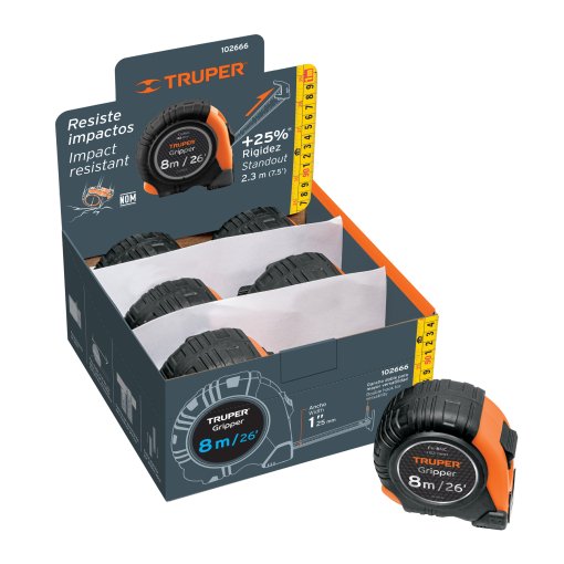 Flexómetro Gripper Truper Expositor 8m - Tecnología de sujeción segura para comercios que incluye display de 6 unidades de máxima calidad (Clave 102666)