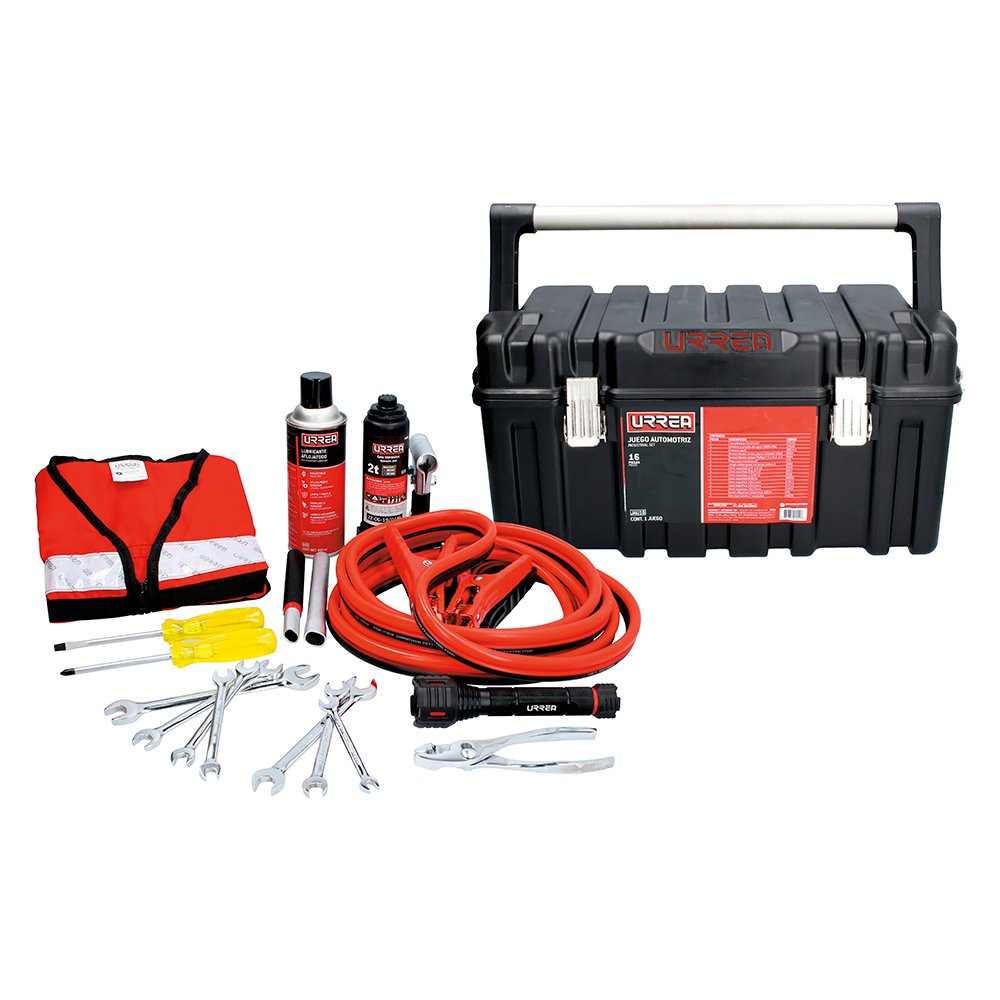 Juego automotriz combinado para auxilio vial, 16 piezas con caja plástica CPU20 Urrea JAU16