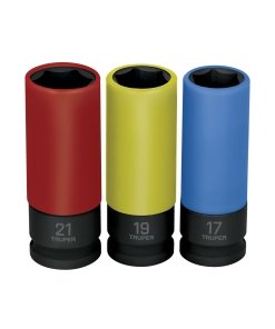 Juego Truper 3 Dados Largos 1/2" Impacto Protección Plástica 6 Puntas MM - Tecnología de Protección Superficial para Rines y Tuercas Cromadas que Previene Daños Cosméticos Durante el Servicio Automotriz (Clave 100942)