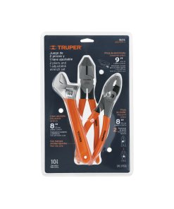 Juego con 2 pinzas y 1 llave Truper Essential Set - Tecnología de mangos ergonómicos de PVC para electricistas que proporciona aislamiento y máximo confort durante trabajos prolongados (Clave 18216)
