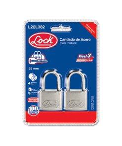 Juego de candados de acero largos 38 mm, llave estándar, 2 piezas Lock L22L382