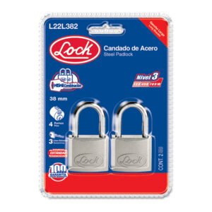 Juego de candados de acero largos 38 mm, llave estándar, 2 piezas Lock L22L382