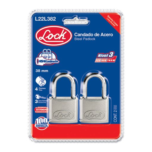 Juego de candados de acero largos 38 mm, llave estándar, 2 piezas Lock L22L382