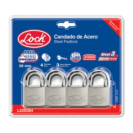 Juego de candados de acero cortos 38 mm, llave estándar, 4 piezas Lock L22S384