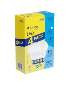 Pack de 4 lámparas LED Volteck A19 14 W (equiv. 75 W) luz de día - Tecnología de claridad mejorada para áreas funcionales que proporciona iluminación superior con eficiencia energética extraordinaria (Clave 28007)