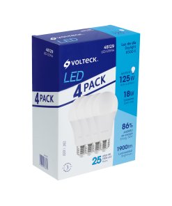 Pack Volteck 4 Lámparas LED A19 18W (125W eq) Luz Día - Iluminación de Alto Rendimiento para Espacios Amplios que Ahorra Energía (Clave 48129)