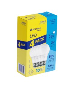 Pack Volteck 4 Lámparas LED G45 3W (25W eq) Luz Día - Versión Básica para Iluminación Funcional en Pequeños Espacios (Clave 28003)