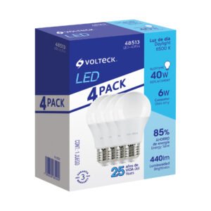 Pack 4 focos LED 6W (40W) A19, 6500K blanca fría, 440 lm