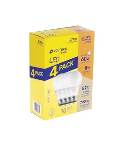 Pack Volteck 4 Lámparas LED A19 8W (60W eq) Luz Cálida - Ambiente Acogedor para Espacios Residenciales que Reduce Fatiga Visual (Clave 27210)