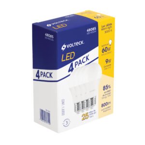 Pack 4 focos LED 9W (60W) A19, 3000K blanca cálida, 800 lm