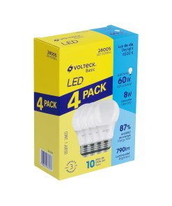 Pack Volteck 4 Lámparas LED A19 8W (60W eq) Luz Día - Claridad Natural para Áreas que Requieren Visibilidad Óptima (Clave 28005)
