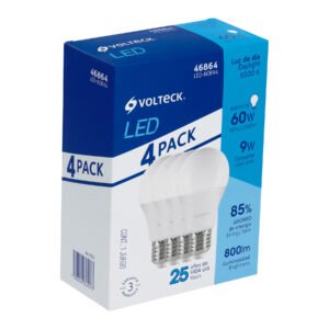 Pack 4 focos LED 9W (60W) A19, 6500K blanca fría, 800 lm