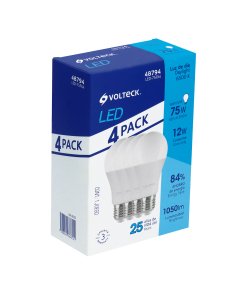 Pack de 4 lámparas LED Volteck A19 12 W (equiv. 75 W) luz de día - Tecnología de reproducción solar para ambientes activos que maximiza productividad con significativo ahorro energético (Clave 48794)