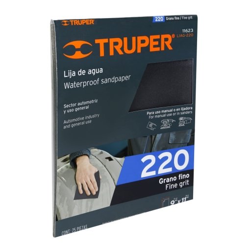 Lija Truper Profesional de Agua Grano 220 - Tecnología de Carburo de Silicio para Acabados Precisos que Prepara Superficies para Recibir Lacas y Barnices (Clave 11623)