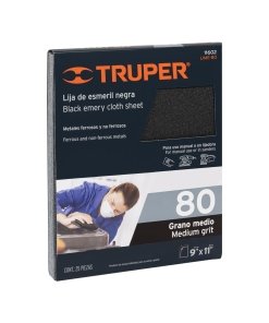 Lija Truper Profesional de Esmeril Negra Grano 80 - Tecnología de Óxido de Aluminio para Lijado Intermedio que Mejora Considerablemente la Uniformidad en Metales (Clave 11602)