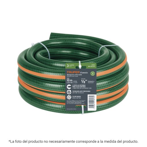 Manguera Truper Profesional de Jardín 3/4" - Tecnología de 3 Capas 3 m sin Conexiones para Tareas Específicas que Permite Transporte Cómodo y Almacenamiento Compacto (Clave 103947)