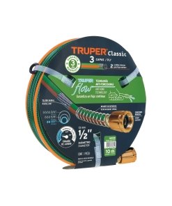 Manguera Truper Triple-Layer 10m 1/2" - Tecnología de refuerzo tricapa para riego que incluye conexiones metálicas y resiste alta presión sin deformarse (Clave 16030)