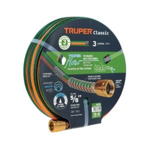 Manguera Truper Triple-Layer 15m 5/8" - Tecnología reforzada de flujo medio para jardinería que incluye conexiones metálicas y combina ligereza con resistencia (Clave 16036)