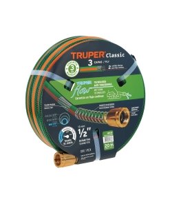 Manguera Truper Triple-Layer 20m 1/2" - Tecnología de alta resistencia tricapa para riego que incluye conexiones metálicas y soporta exposición prolongada al sol (Clave 16032)