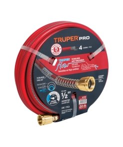Manguera Truper Quad-Layer 20m 1/2" - Tecnología de cuádruple capa para aplicaciones exigentes que incluye conexiones de metal y previene estallidos bajo presión alta (Clave 19792)