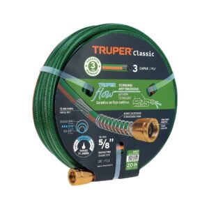 Manguera Truper Triple-Layer 20m 5/8" - Tecnología de tres capas para riego extensivo que incorpora conexiones de metal y resiste la exposición continua a elementos (Clave 16037)