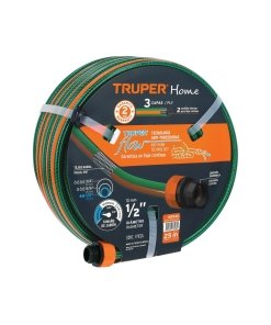 Manguera Truper Triple-Layer 25m 1/2" - Tecnología de tres capas para riego extenso que incluye conexiones plásticas duraderas y resiste presiones variables (Clave 102546)