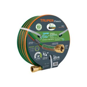Manguera Truper Triple-Layer 25m 3/4" - Tecnología de alto flujo reforzada para riego profesional que incluye conexiones metálicas y permite mayor volumen de agua (Clave 16041)