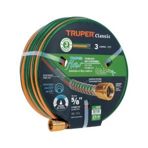 Manguera Truper Triple-Layer 25m 5/8" - Tecnología reforzada para jardines profesionales que incluye conexiones metálicas y permanece flexible en diversas temperaturas (Clave 16038)