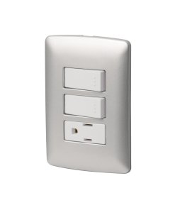 Placa Armada Volteck Italiana Contacto + 2 Interruptores Plata - Combinación Funcional con Elegancia Metálica (Clave 46474)