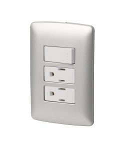 Placa Armada Volteck Italiana 2 Contactos + Interruptor Plata - Brillo Metálico para Espacios que Requieren Toque de Lujo (Clave 46475)