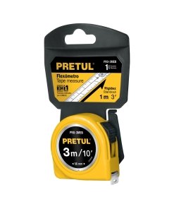 Flexómetro amarillo de 3 m, cinta de 13 mm, en tarjeta, opción compacta para mediciones rápidas, PRETUL, clave 21605.