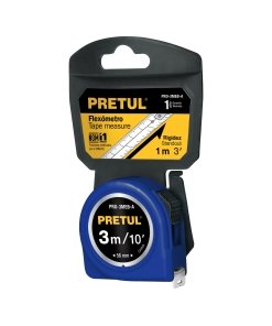 Flexómetro azul de 3 m, cinta de 13 mm, en tarjeta, herramienta compacta y eficiente para medición, PRETUL, clave 21609.
