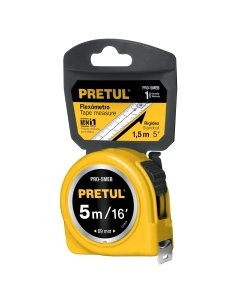Flexómetro amarillo de 5 m, cinta de 19 mm, en tarjeta, diseño resistente y fácil de usar, PRETUL, clave 21606.