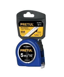 Flexómetro azul de 5 m, cinta de 19 mm, en tarjeta, opción ideal para tareas de medición generales, PRETUL, clave 21610.