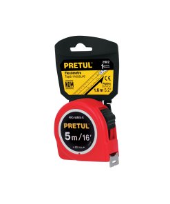 Flexómetro rojo de 5 m, cinta de 19 mm, en tarjeta, herramienta durable para mediciones precisas, PRETUL, clave 21612.