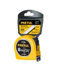 Flexómetro amarillo de 8 m, cinta de 25 mm, en tarjeta, ideal para trabajos que requieren mediciones largas, PRETUL, clave 21603.