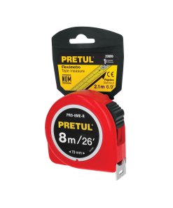Flexómetro rojo de 8 m, cinta de 25 mm, en tarjeta, opción avanzada para proyectos profesionales, PRETUL, clave 29999.