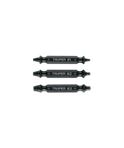 Blíster con 3 puntas extractoras de tornillos, ideal para remover tornillos dañados o oxidados, TRUPER, clave 103311.