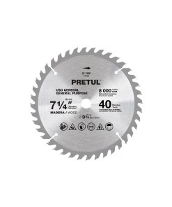 Disco Sierra 7-1/4' para Madera, 40 Dientes, Centro 5/8', Ideal para Madera de Alta Densidad, Pretul Clave 27056