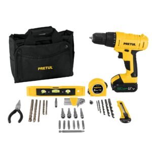 Kit taladro 3/8', 12V, 35 accesorios, en maleta, diseño confiable para proyectos domésticos, PRETUL Pretul clave 27097